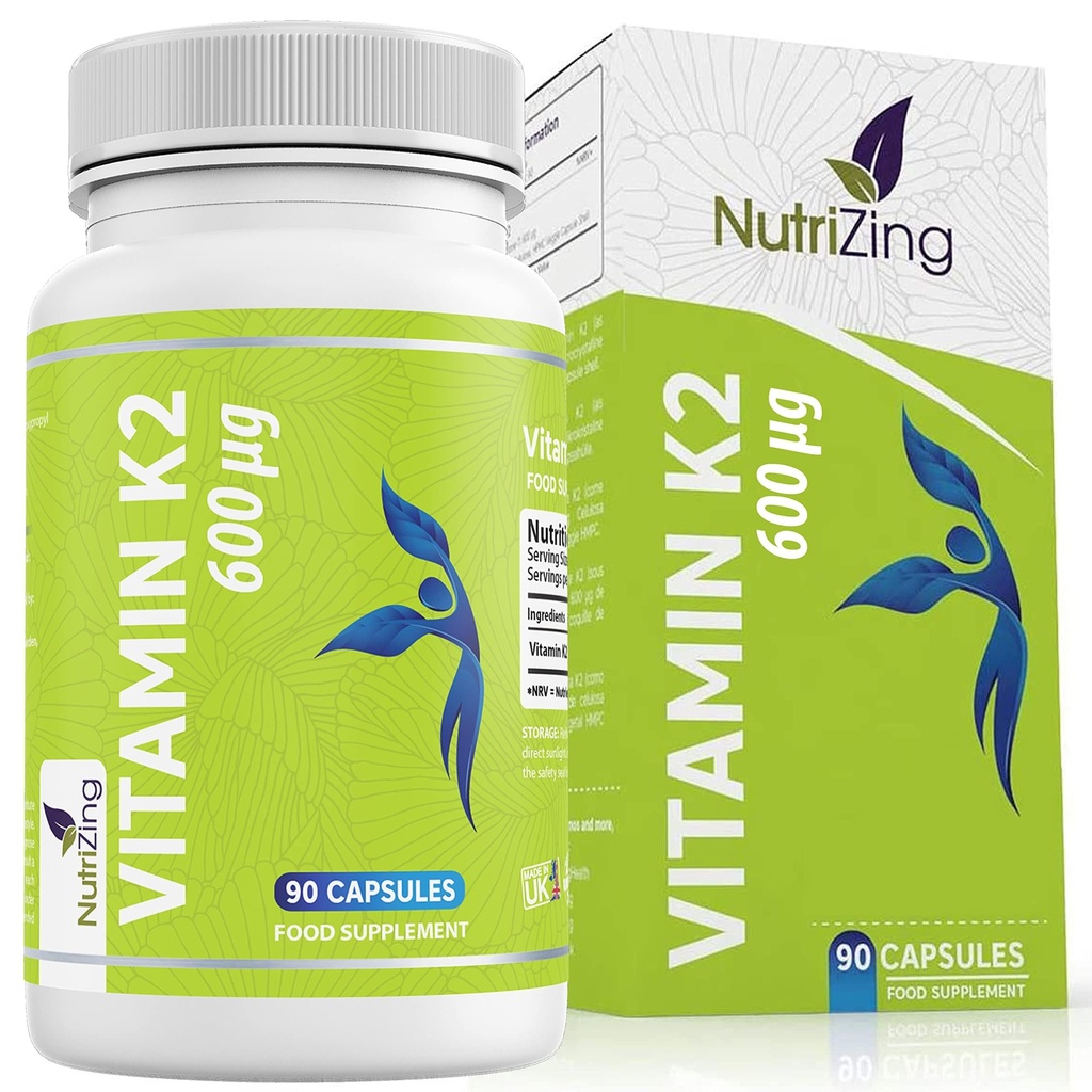 NutriZing K2 Vitamin dodatek MK-7 - Visoka trdnost 600mcg - Podpira zdravje kosti in arterije - 90 Veganske kapsule - Vitamin K2 za moške in ženske - oskrba 3 mesecev