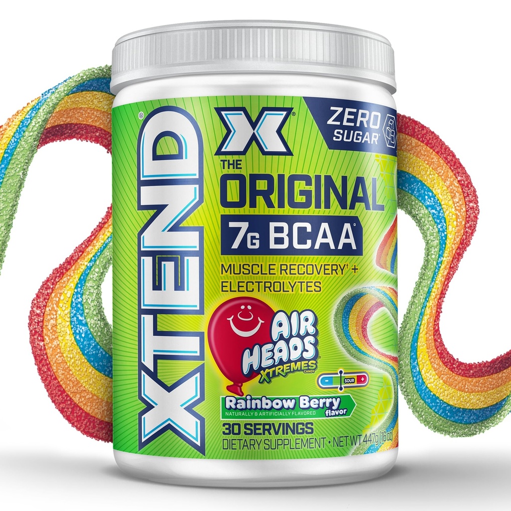 Xtend Original BCAA Powder Airheads Rainbow Berry Flavor, 7g BCAA in 2,5g L-glutamin, Sugar Free Post Workout Muscle Recovery Drink z aminokislinami za moške in ženske, 30 Servinges