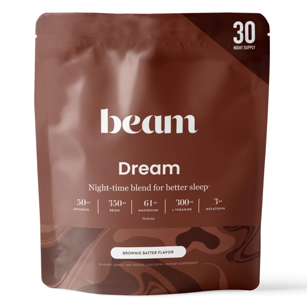 Beam Dream Sleep Powder – Pomoč za spanje za odrasle z melatonin, Magnezij, L-Theanin, Reishi Gobe & Apigenin Sleep Supplement, Sleepy Cocoa Bedtime Drink Mix, Brownie Batter Flavor, 30 Servinges