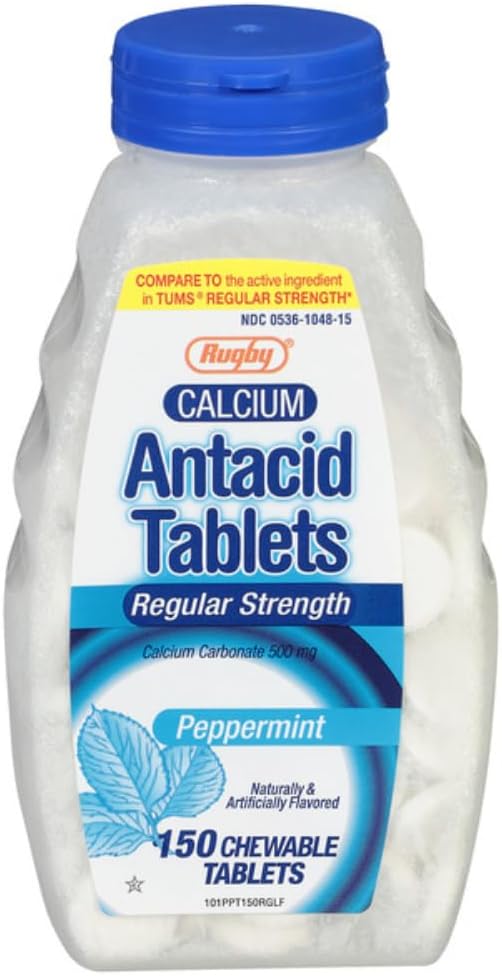 Rugby Redna moč Antacid Žvečljive tablete - izdelan s 500 mg kalcijevega karbonata - Pepermint aroma - 150 Count
