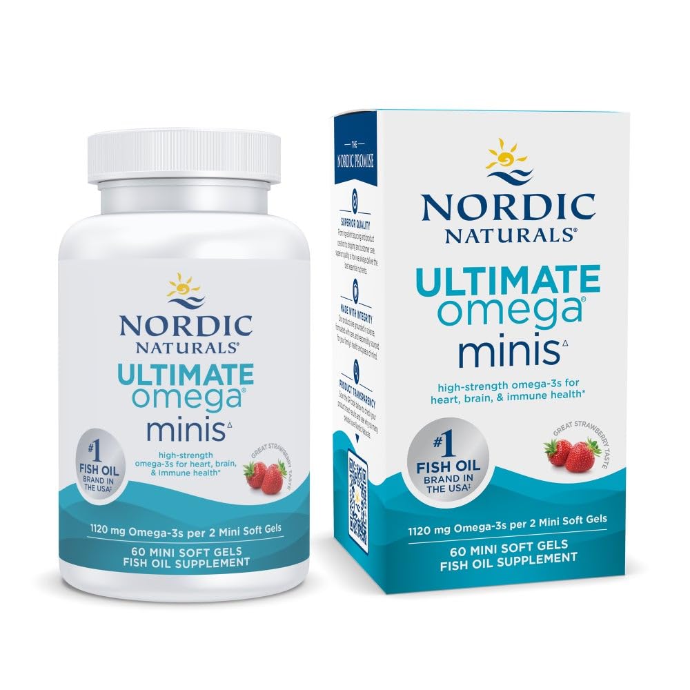 Nordic Naturals Ultimate Omega Minis, Jagodna aroma - 60 Minis Soft Gels - 1120 mg Omega-3 - Visokopotezni ribje olje dodatek - EPA & DHA - Spodbuja zdravje možganov in srca - 30 Servings