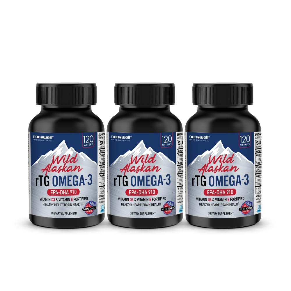 NANOWELL Wild Aljaska RTG Omega-3 ribje olje 1196mg - EPA, DHA, Vitamin D3 & E - 120 Softgels x 3 steklenice (360 Štetje)