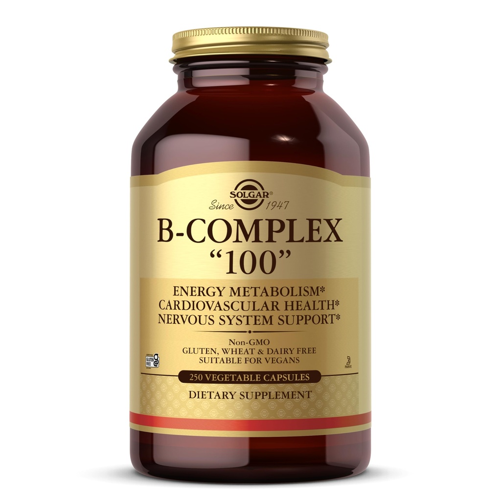 Solgar B-kompleks "100", 250 Zelenjavne kapsule - Podpora za živčevje - podpira energetsko presnovo - Ne-GMO, Vegan, Gluten Free, Dairy Free, Kosher - 250 Služabnikov