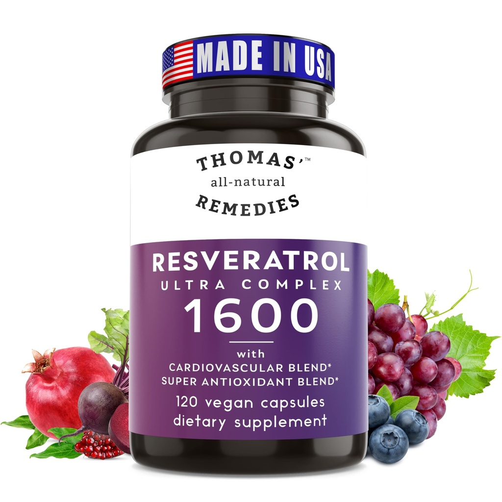 Thomas' all-natural Remedies Resveratrol 1600mg Organic Trans-Resveratrol Antioksidant dodatek z organskim ekstraktom grozdnih semen in Quercetin- Proti staranju in kardiovaskularne podpore- 120 kapsule