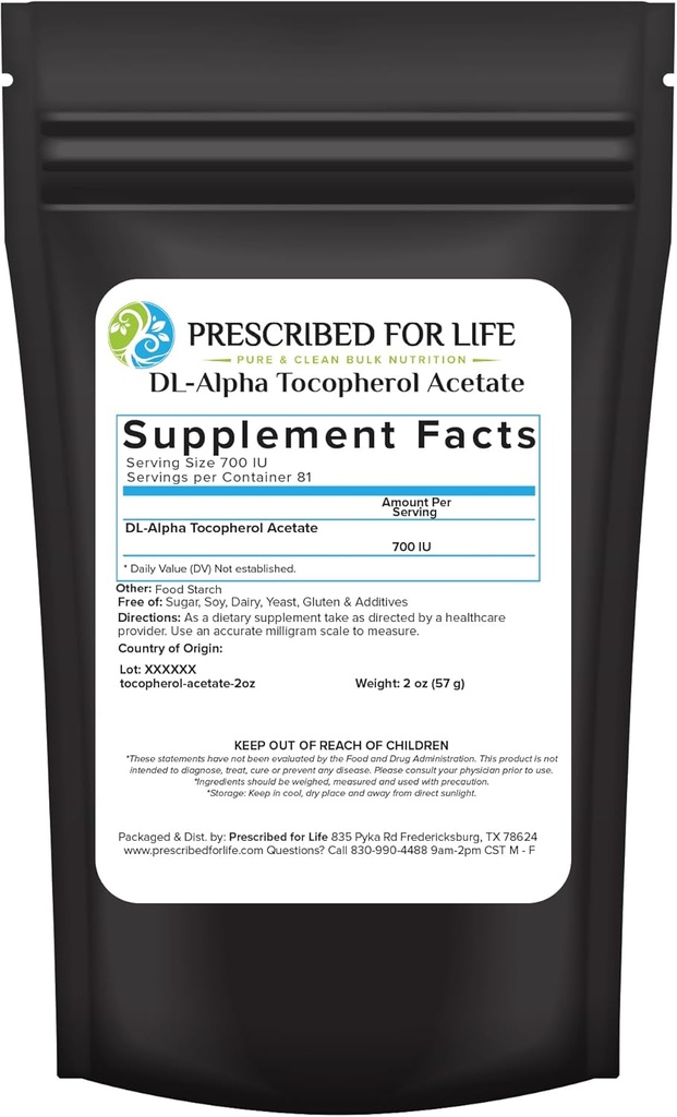 Predpisan za življenje tokoferol acetat v prahu, voda topna alfa vitamin E, 700 i.e. gm prašek, vegan, gluten brez, ne GSO (2oz / 56g)
