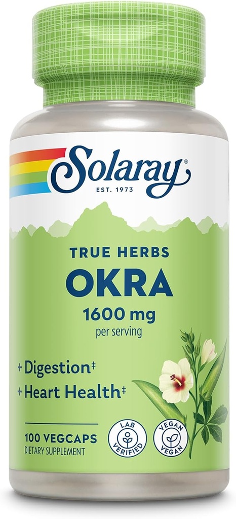 SOLARAY Okra Fruit 1600 mg - Visoka fiber dodatek za podporo Wellness - bogat vir topljive vlaknine - enakovredno 6,4 g sveže Okra na Serving, Vegan, 60-dnevno jamstvo - 25 Serving, 100 VegCaps