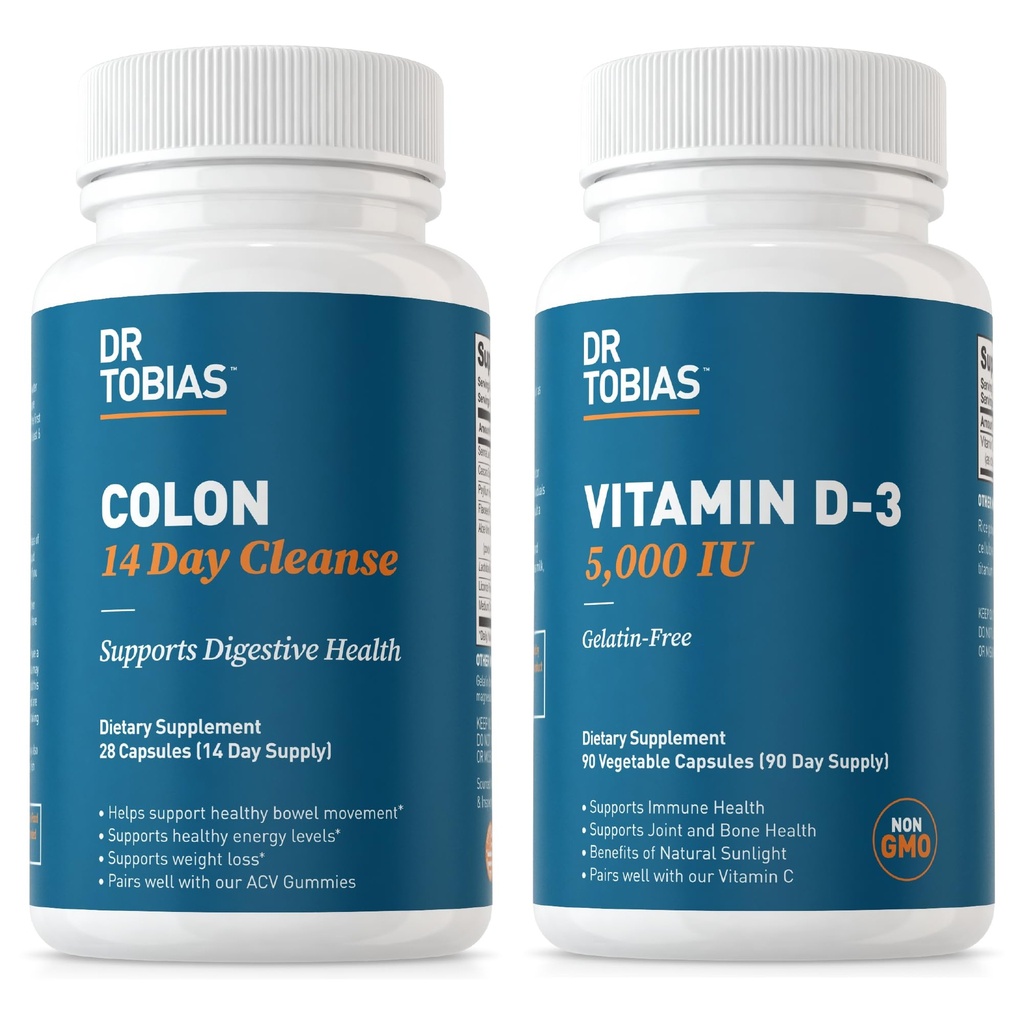 Dr. Tobias Colon 14 dan čiščenje in vitamin D3 5000 i.e. podpora splošno zdravje, imunski sistem in prebavni sistem. Čiščenje brez GMO in vitamin za moške in ženske.