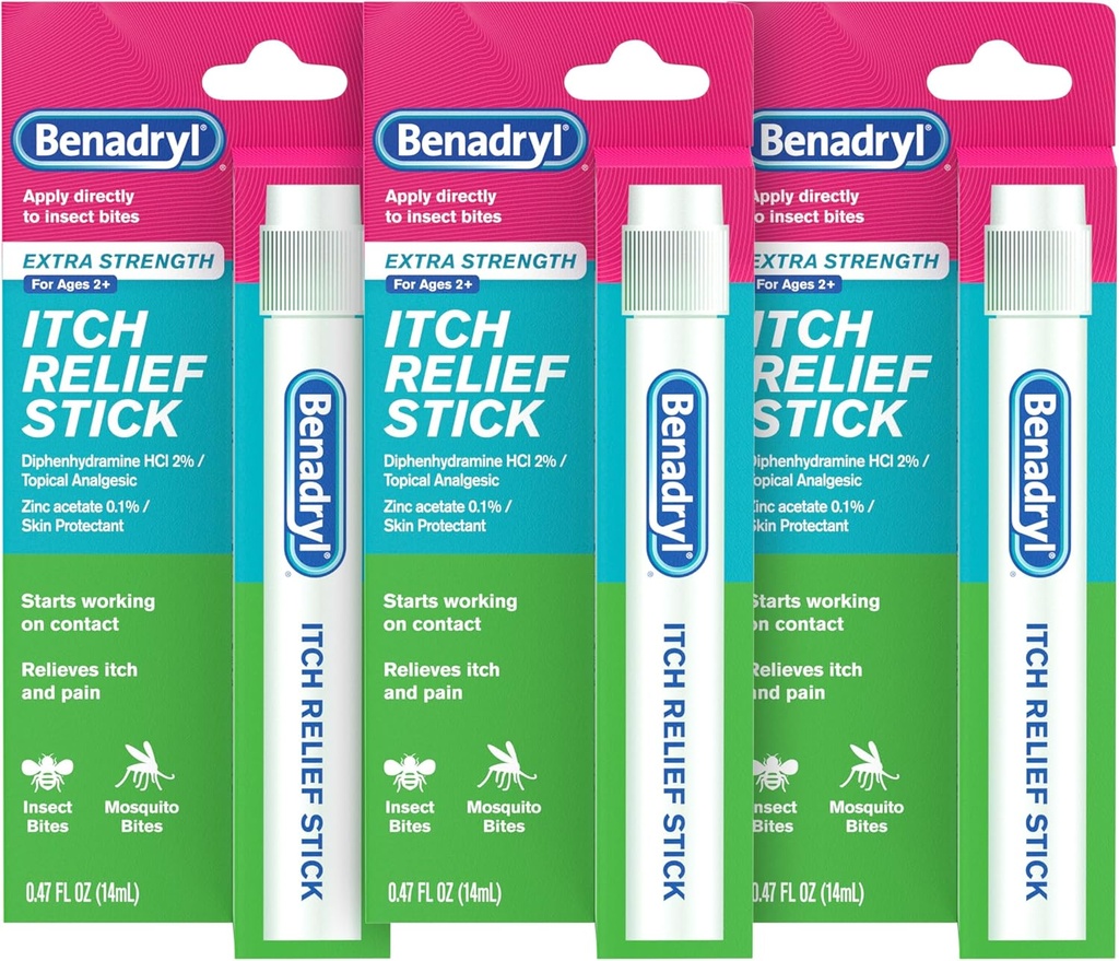 Benadryl Extra moč proti srbenju Relief Stick, Bug Bite Srbečica Relief, Difenhidramin HCl Vrhunska analgetika in cinkov acetat kožo zaščitnik, Super za Camping Essentials, 0.47 fl oz (Pack of 3)