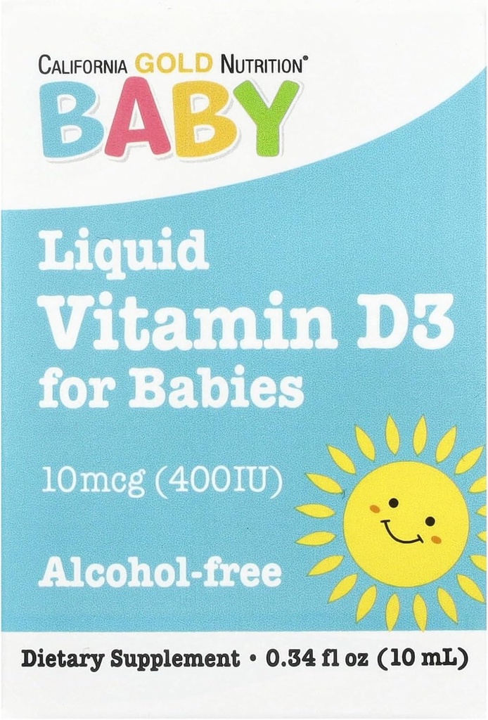 California Gold Nutrition Baby Vitamin D3 Liquid D3 Doplačilo za dojenčke, vegetarijansko prijazno - Razvojna podpora - Alkohol & Gluten Free, Non-GMO - 10 μg (400 i.e.) - 0,34 fl oz (10 ml)