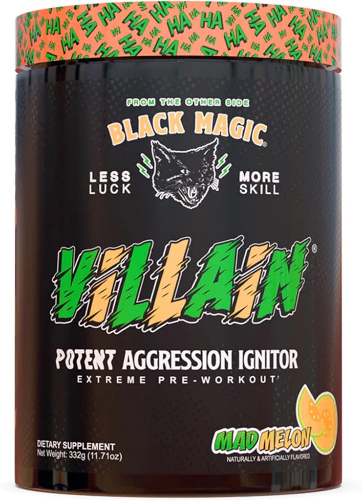 Oskrba s črno magijo Villain High-Stim Nootropic Pre-Workout - Beta-Alanin, L-Tirozin, & Kofein - Pump & Focus - 25 Servingov (Mad Melon)