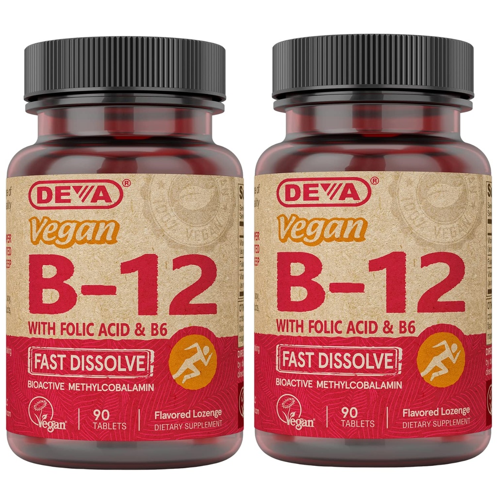 DEVA Vegan Vitamin B12 hitro raztopite dodatek - enkrat na dan kompleks z 1000 Mcg metilkobalamin B12, folna kislina, B6 - limona aroma - 90 Razrešljive tablete, 2-Pack