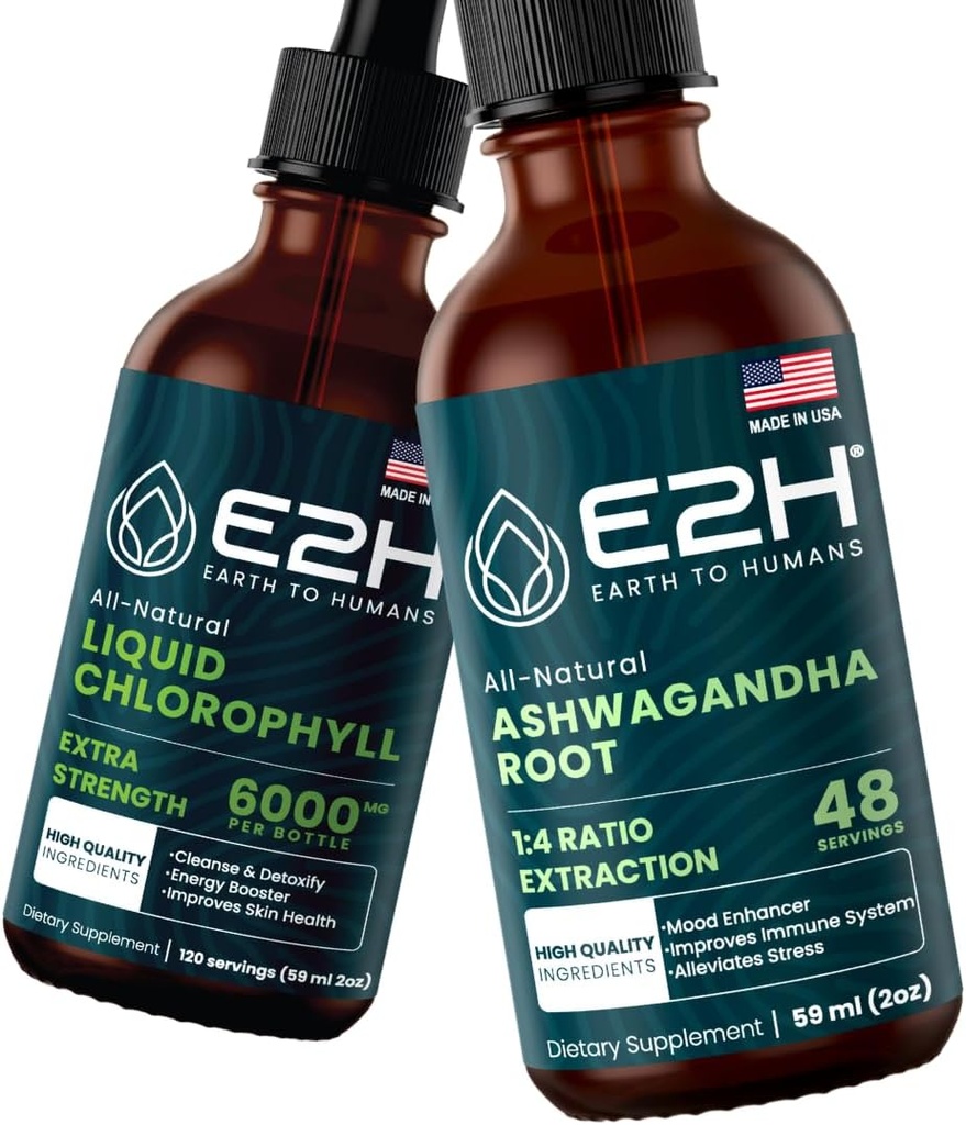 E2H: Tekoči klorofil in Ashwagandha Tekoči kapljici 