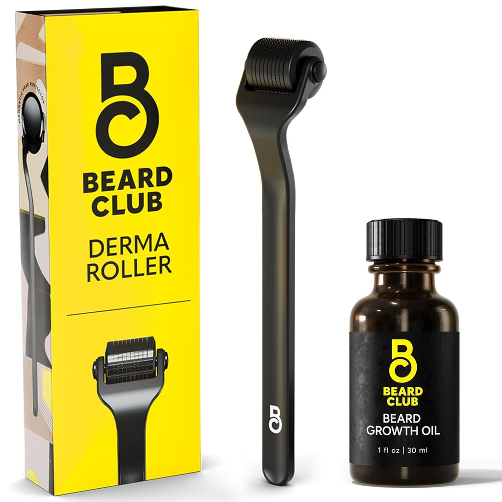 Beard Club Derma Roller & Brada rast olje - Microneedling roller s 540 Titanium mikroneedles za obraz, telo in skalp - Brada Roller s Sandalwood & Cedar Beard olje