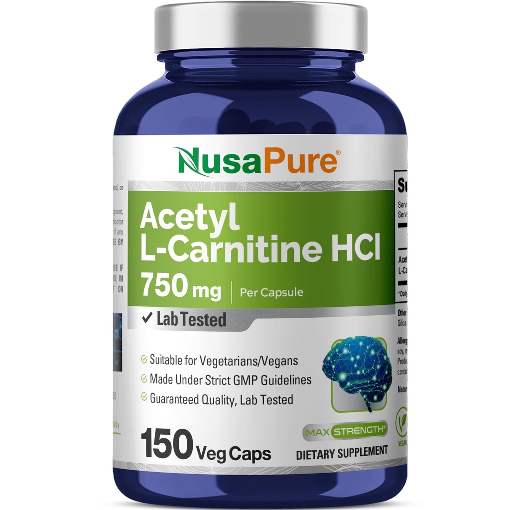 NusaPure Acetil L-karnitin 750 mg na kapico 150 Veggie kapsule (ne-GMO, Vegan)