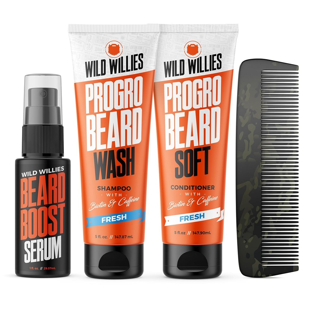 Divji Willies Beard Care Kit, Biotin utrjen šampon in balzam s kofeinom, dve 4-Oz steklenice, spodbuja zdravo rast medveda