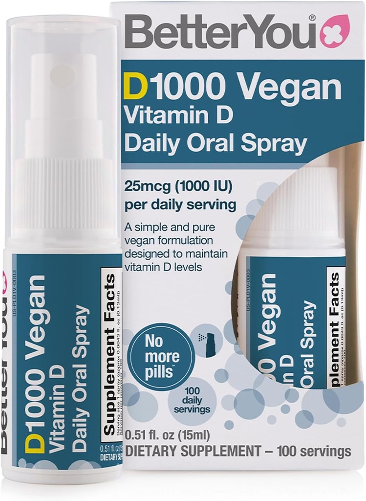 BetterYou D1000 Vegan Vitamin D peroralni pršilo - udobna alternativa za tablete - rastlinsko-origin - spodbuja močne kosti, zobe in imunski sistem - pomoč pri absorpciji kalcija - 100 dnevnih odmerkov - 0,5 oz
