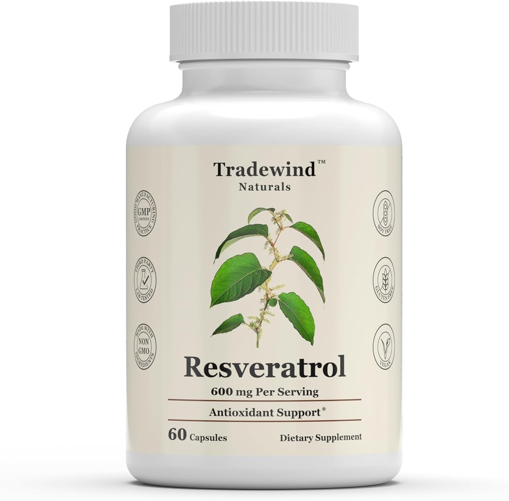 Resveratrol 600mg - Vegan - ne-GMO - podpora zdravo staranje in kardiovaskularno zdravje - bogata z antioksidanti - 60 Zelenjavne kapsule