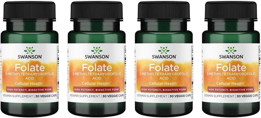 Swansonov folat 5-metiltetrahidrofolna kislina - visoka jakost, bioaktivna oblika 800 mcg Dfe 30 Veg caps (4 pakiranja)