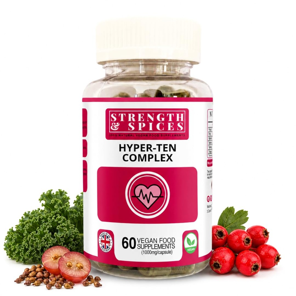 Jakost in začimbe hiperten podpora 100% naravni dodatek za imunski sistem in zdravje srca – 15 Sestavine w Hawthorn Berry, grozdne semena in jagode - 60 Vegan UK Made 1000mg kapsule