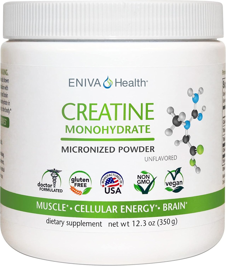 Eniva Health Kreatin Monohidrat Prašek, aminokislina, mikroniziran prašek, 70 Servisi 5 G 12.3 oz, podpora mišicam, rast mišic, celična energija, kognitivni fokus, ultraprah, farmacevtska stopnja