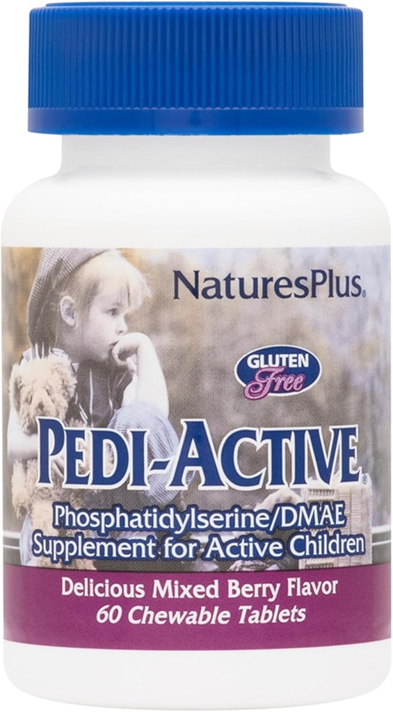NaturesPlus Pedi-Active LECI-PS, DMAE Complex - 60 žvečljive tablete - mešane jagodne arome - otroci žvečljivi dodatek, spodbuja zdravje možganov, fokus - vegetarijanski, Gluten-free - 30 Servis