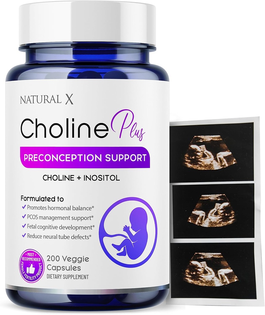 Choline in Inositol Preconception Vitamini za ženske - rodovitna mešanica dodatek, Podpira zdravo nosečnost in otrokov kognitivni razvoj, Izboljšana kakovost jajc, Hormone Balance (200 kapsul)