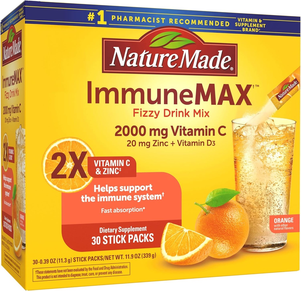 Nature Made ImmuneMAX Fizzy Drink Mix, z vitaminom C, vitaminom D, in cink dopolnilo za imunske podpore, hitro absorpcijo, 30 Packs, 0.4 Ounce