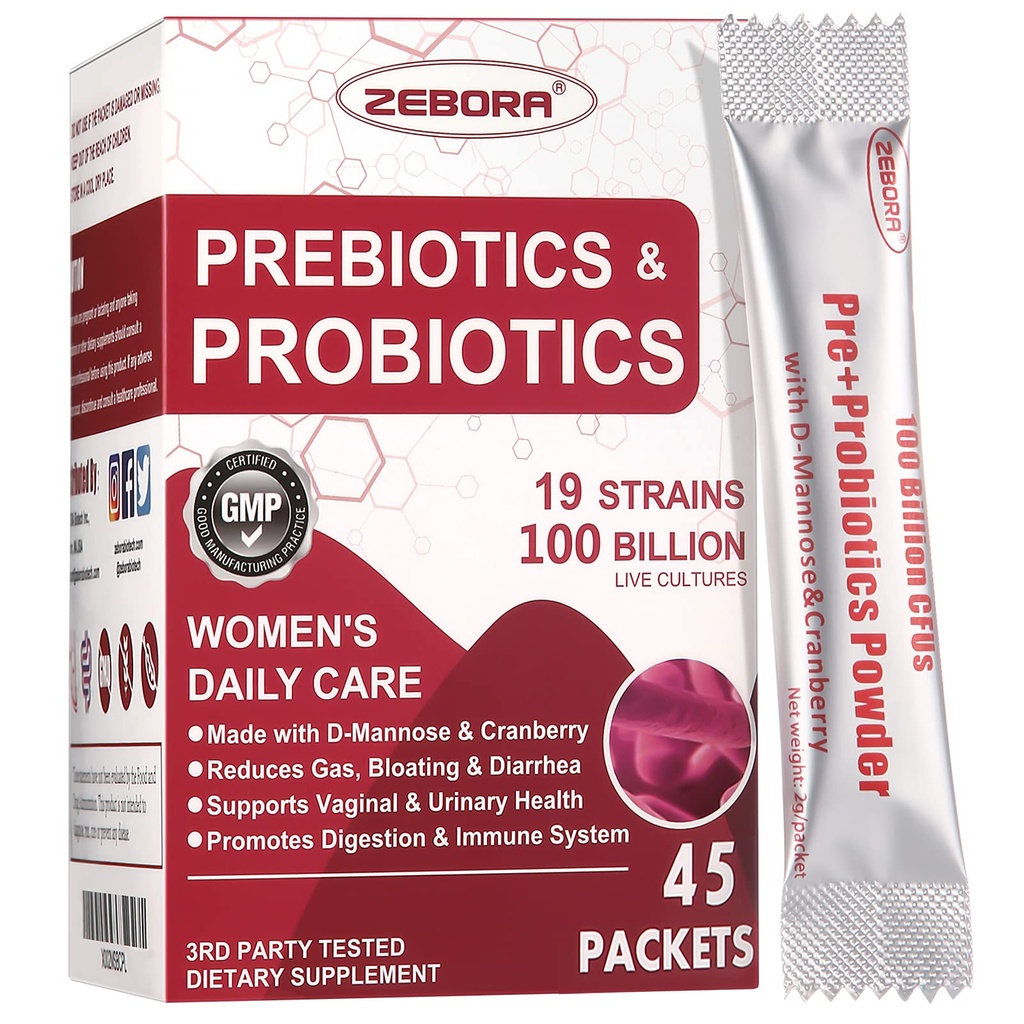 ZEBORA Probiotiki za ženske 100-milijardni CFU s prebiotiki, D-mannoze in brusnice za prebavne, imunske, femininske UT zdravstvene podpore, Ultimate Probiotic žensko nego, Soy & Gluten Free, 45 Packets