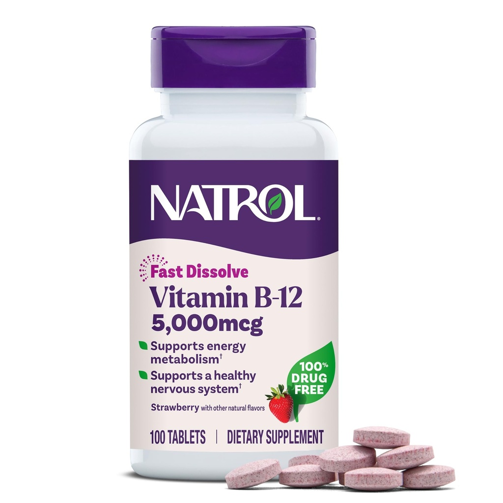 Natrol Vitamin B12 5.000 mcg, hitro raztopi vitamin B12 dodatek podpira zdravo živčevje in energetsko presnovo, 100 tablet, do 100 dnevno oskrbo