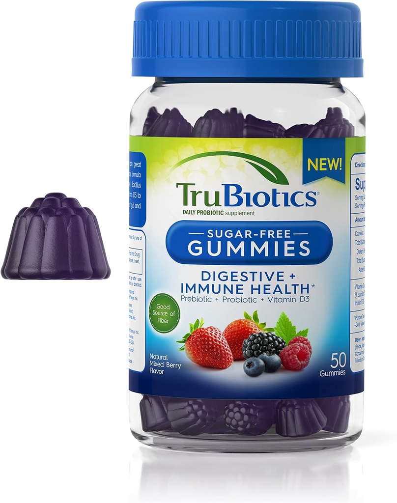 TruBiotics Probiotic Gumies s prebiotiki in vitaminom D3, Sugar-free Gummy za moške in ženske prebavne in imunskega zdravja, podpira regularnost in pomaga sprostiti manj slabo počutje trebuha, 50 Gumies