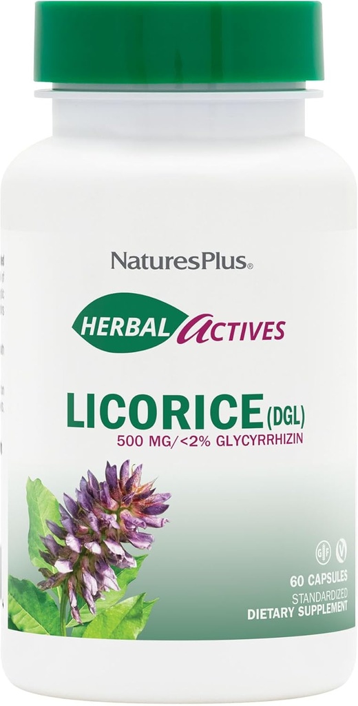 NaturesPlus zeliščne učinkovine Licorice (DGL) 500 mg - 60 kapsul, pakiranje po 4 - podpira zdravo prebavo in splošno dobro počutje - vegetarijansko, brez glutena - 240 skupnih servacij