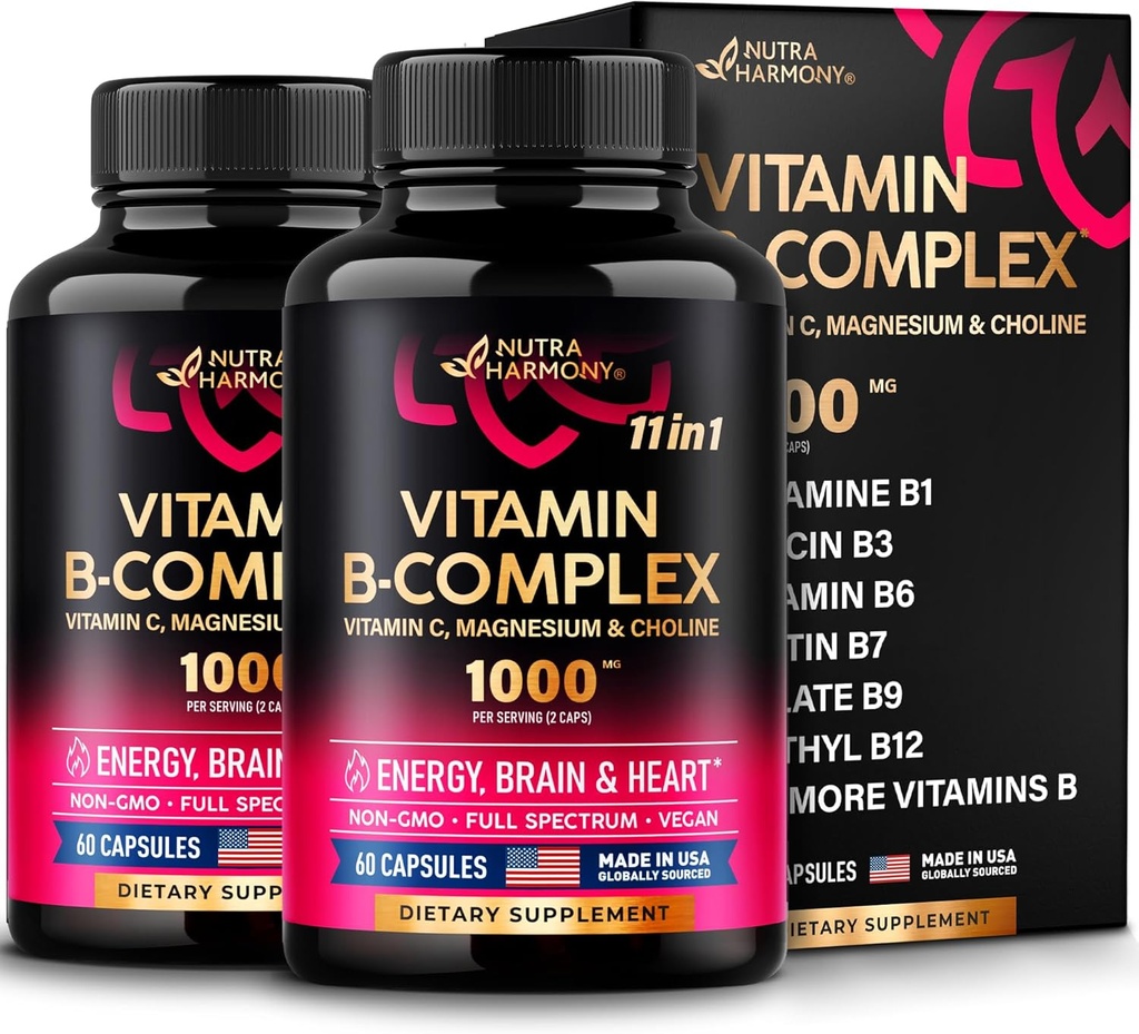 Vitamin B kompleks za moške in ženske - Made in USA - 11-in-1 B-kompleks: B1, B2, B3, B5, B6, B7, B8, B9, B12 z vitaminom C, holin, Inositol - Energy, Brain & Heart Support Supplement - Pakiranje 2