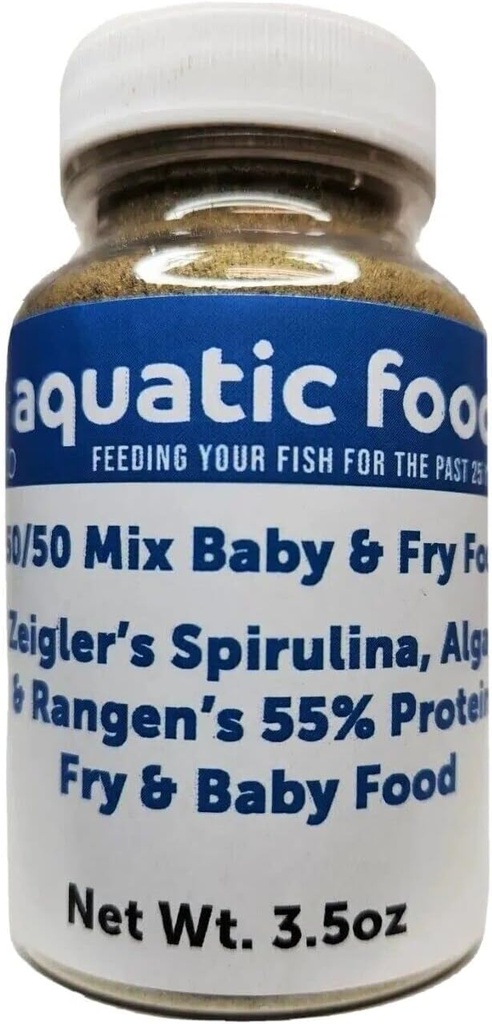 Aquatic Foods Inc. 50/50 Mešanica Spirulina/Alge Powder in Rangen je Soft Moist 55% Protein Koi & Tropical Fish Fry Food...3.5oz steklenica