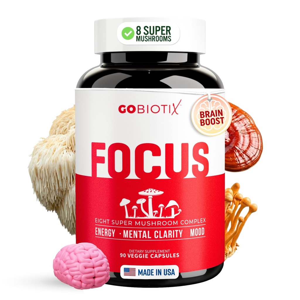 GOBIOTIX Focus Lions Mane Supplement - Goba kompleks - Nootropics Adaptogen Vitamini - Spomin, Jasnost, Energija, Imunska podpora, Cordyceps, Reishi, Chaga, in Maitake - 90 kapsul
