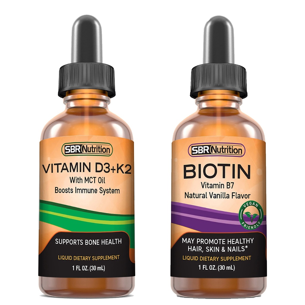 SBR Nutrition D3+K2 in Biotin Bundle Vitamin D3K2 (MK7) Tekoče kapljice, pepermint, 1oz 