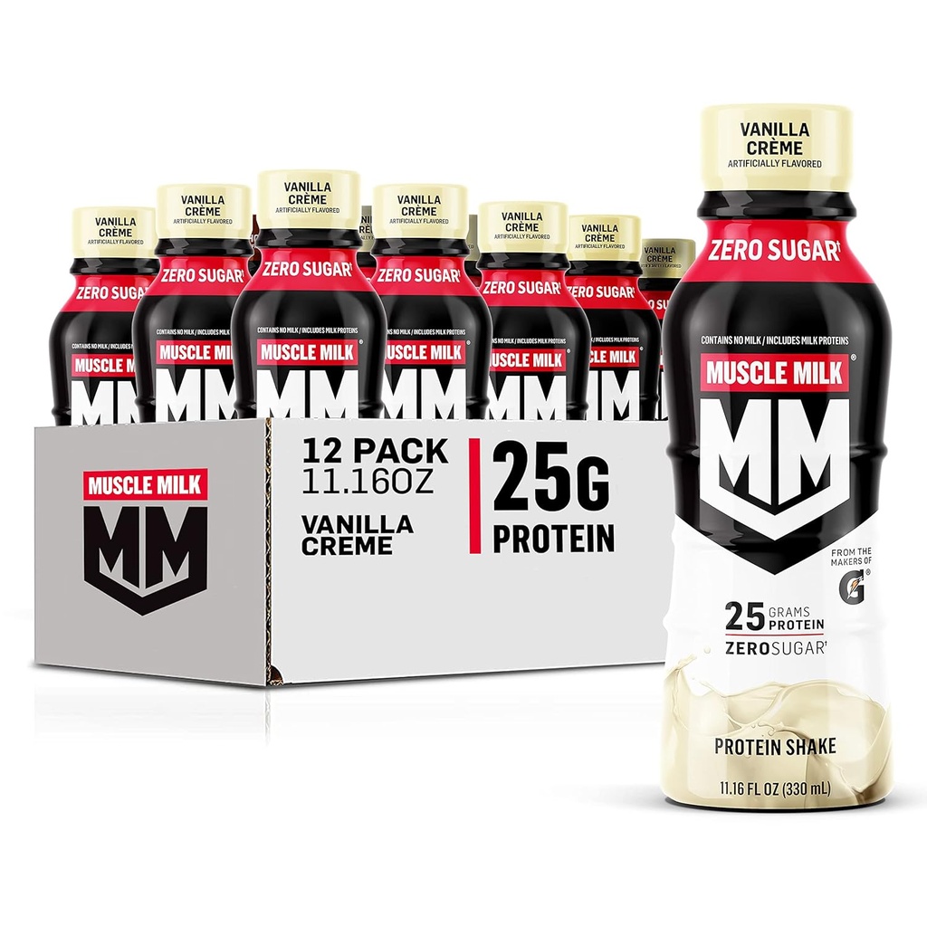 Mišično mleko Pristno beljakovinsko stresanje, Vanilla Creme, 11.16 Fl Oz steklenica, 12 Pakiranje, 25g beljakovine, nič sladkorja, kalcij, vitamini A, C & D, 5g Fiber, Energizacijski prigrizek, vadbena regeneracija, pakiranje maj Vary