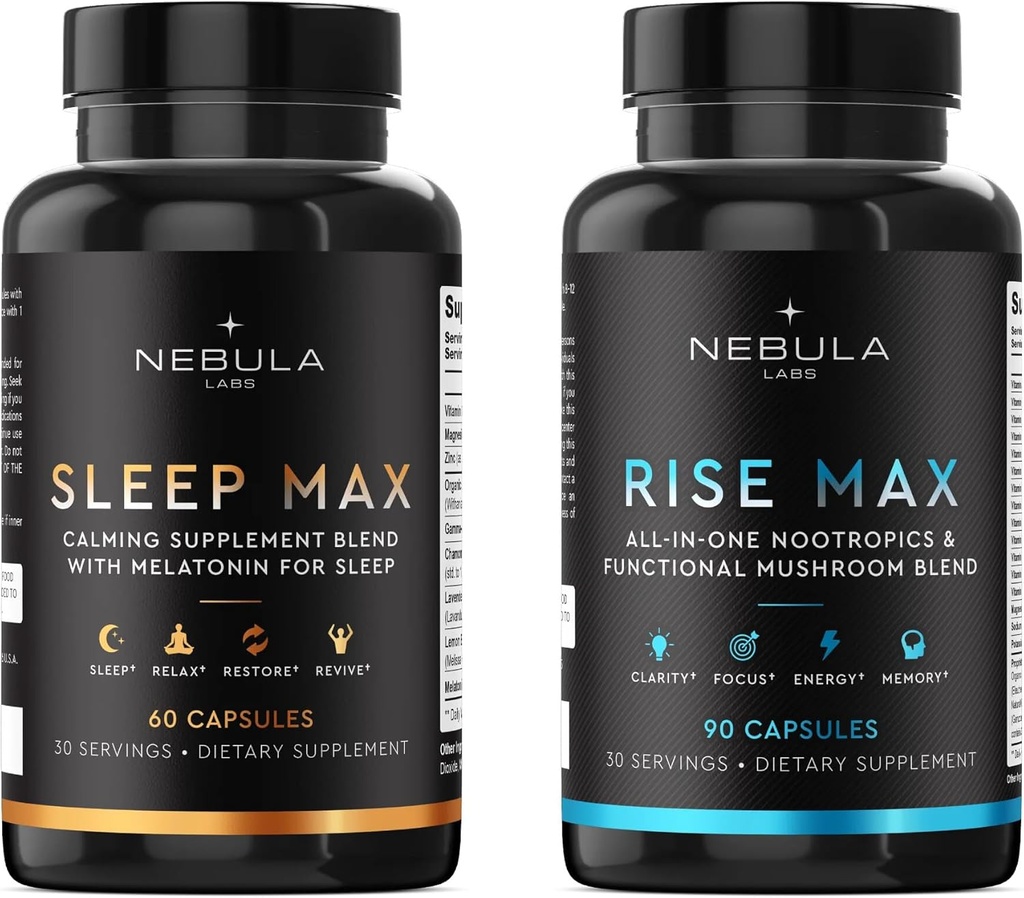 Bestseller Sleep MAX & Rise MAX Professional Bundle All-in-One Premium Nootropics & Funkcionalna mešanica gob & Umirjanje Mešanica za spanje