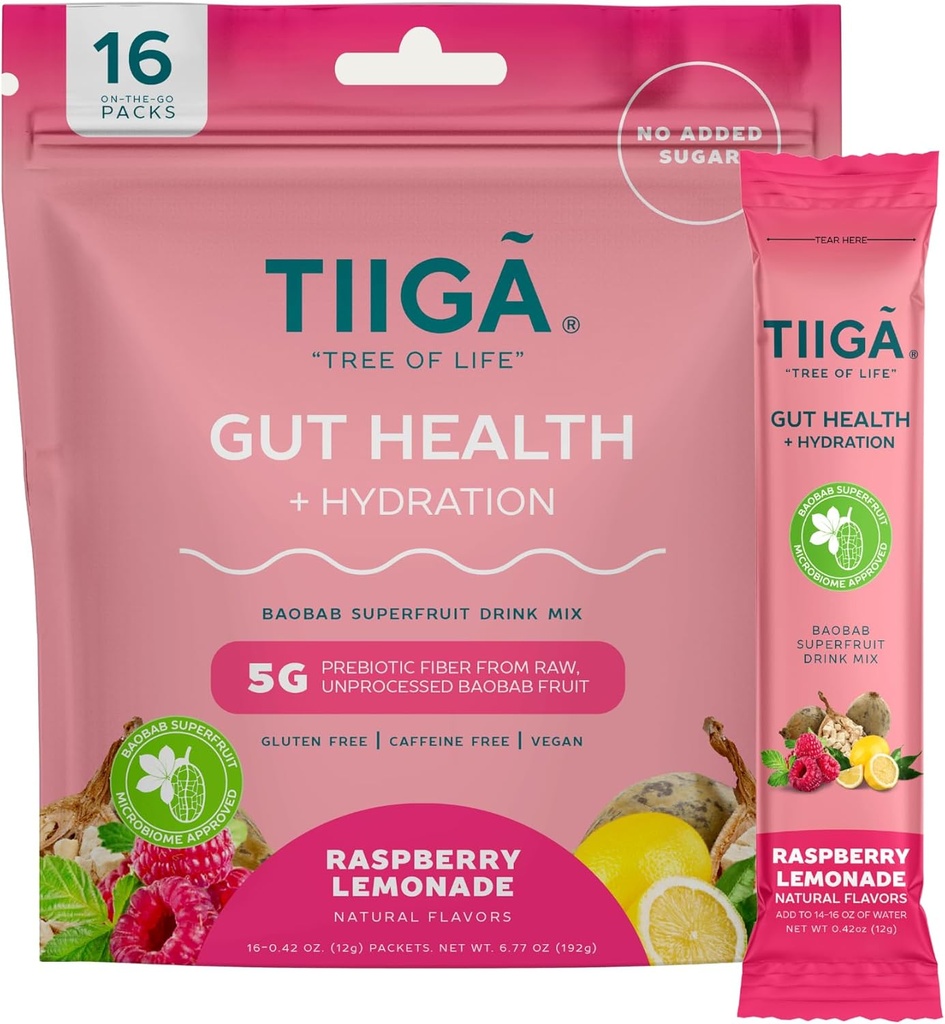 Tiiga Gut Health + Hydration Drink Mix – 7g Baobab, 5g Prebiotične vlaknine, Elektroliti, Brez mleka, Vegan, Brez dodanega sladkorja, Prebava, Rednost, & Zaprtje – 16 Serving