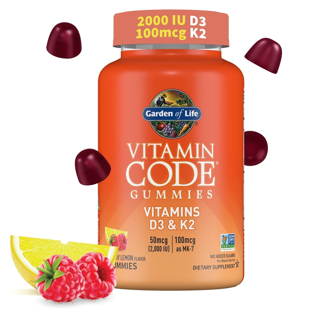 Vrt življenja Vitaminska koda D3 & K2 Gumiji s prebiotiki in probiotiki - zdravje kosti, imuno zdravje, in Prebavna podpora, Non-GMO, Gluten-free, Raspberry Lemon Flavor, 45 Gumies