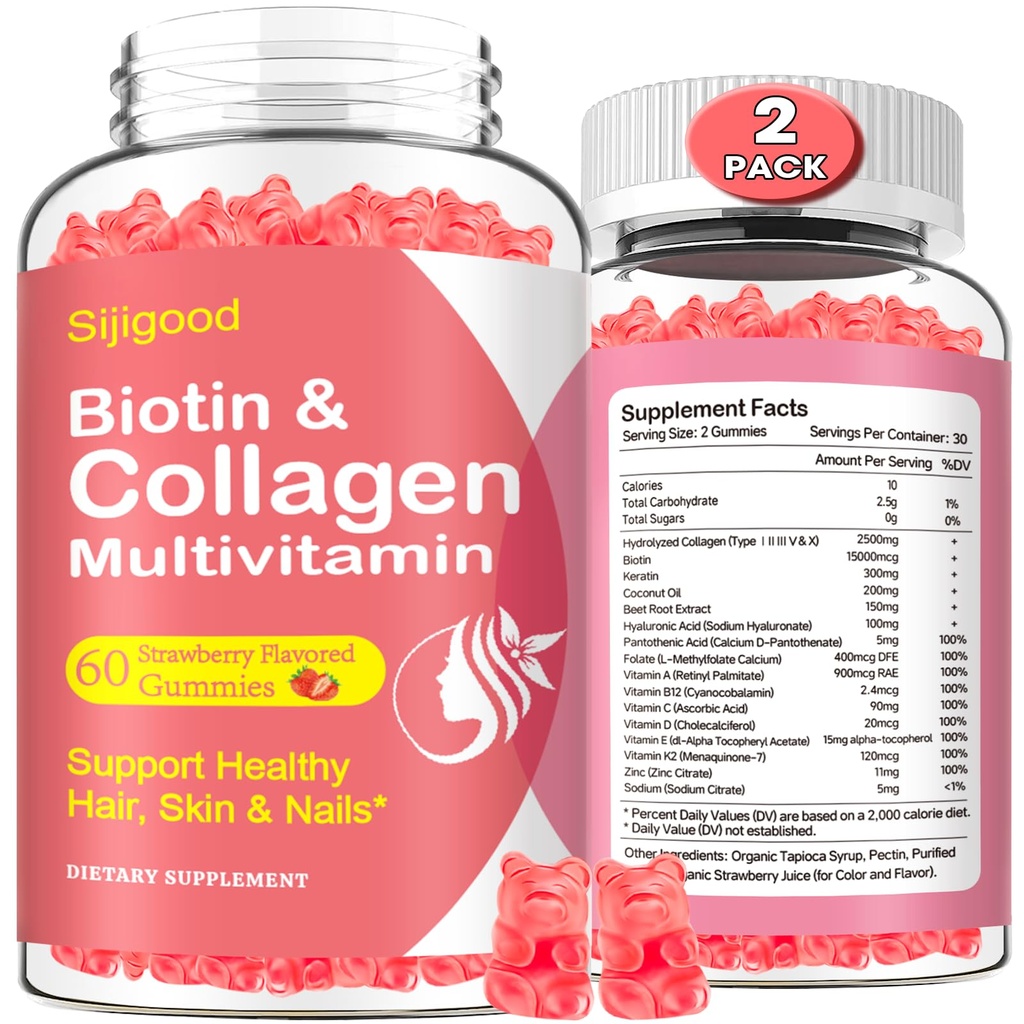 2 Pack colagen Gumies za ženske moške, hidrolizirane kolagen peptidi vrste I,II,III,V,X z biotin in hialuronsko kislino, vitamini C A D E B12 K2 Podpora, Sugar-free za nohte kože Imunity Energija
