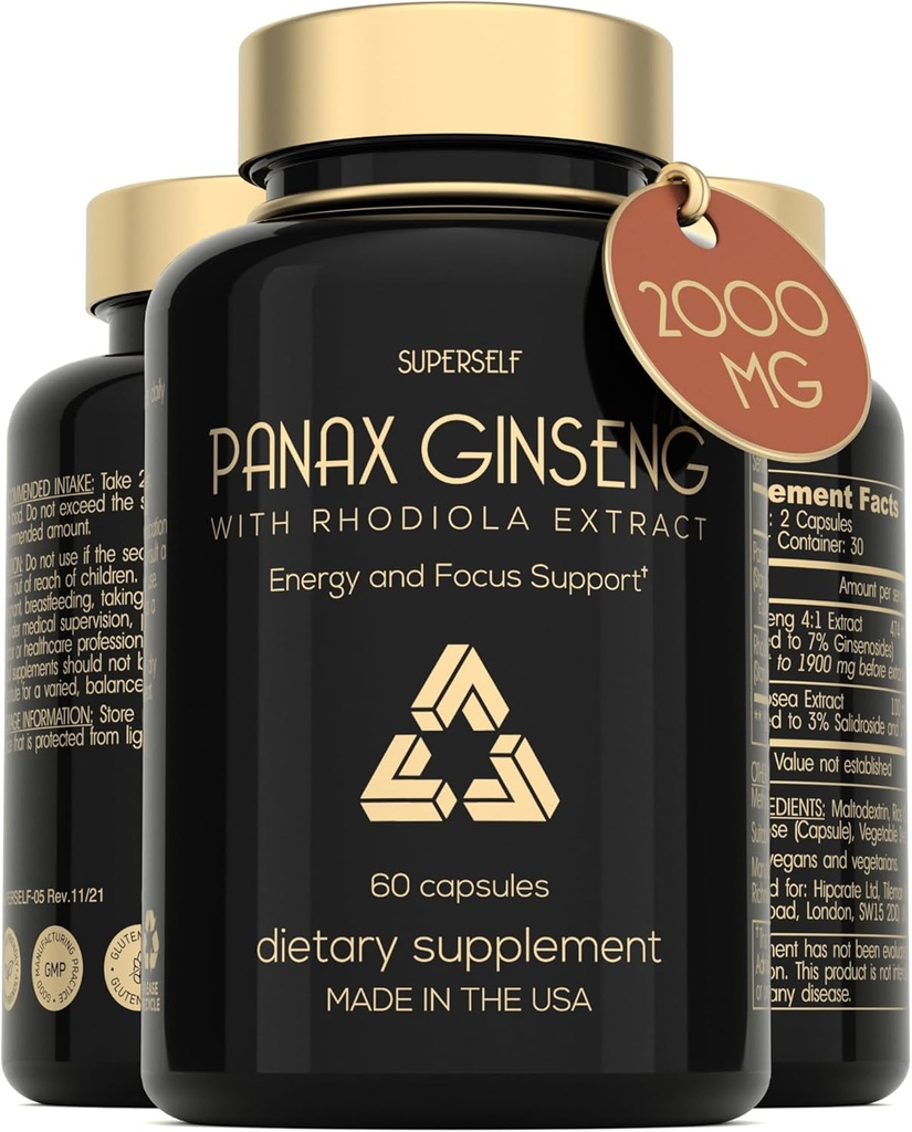 Panax ginseng in Rhodiola Rosea 2000mg - Korejska ginseng visoka jakost 60 Kapsule - Zeliščni dodatek za moške in ženske - Energy Complex z ginseng korena ekstrakt Standardizirani 7% ginsenoside - US Made
