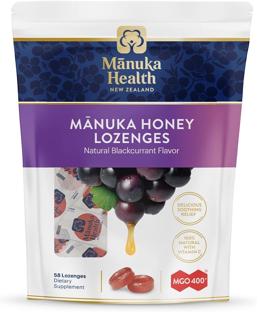 Manuka Health Manuka Medeno grlo Lozenges - Blackcurrant Arored Lozenges, 58-Count - Kašaste kapljice, infundirane z Surovim Manuka medom in vitaminom C za imuno podporo