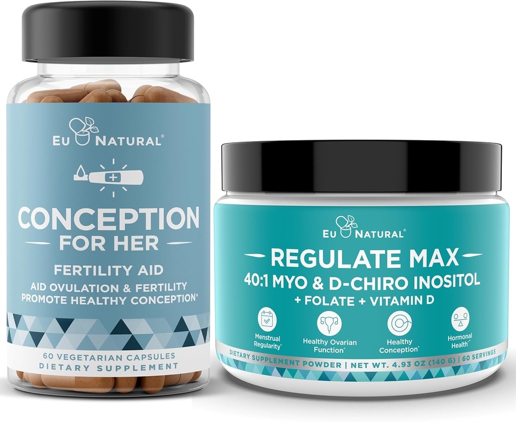 Koncepcija za njene kapsule + Regulirajte MAX Myo-Inositol D-Chiro Inositol Powder - Podpora plodnosti, Hormonovo ravnovesje, Regulativni ciklusi - 60 Vegetarian Soft Kapsules + 60 Servinges Powder
