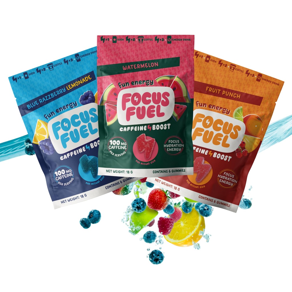 FocusFuel Energy Chews – Preskušanje Velikost Variety Vzorec Pack (9 Servings) – 100mg Kofein + Alpha GPC + L-Theanine + B12, Magnezij – Modra Razzberry Limonada, lubenica, Sadni Punch – Brez Crash ali Jitters