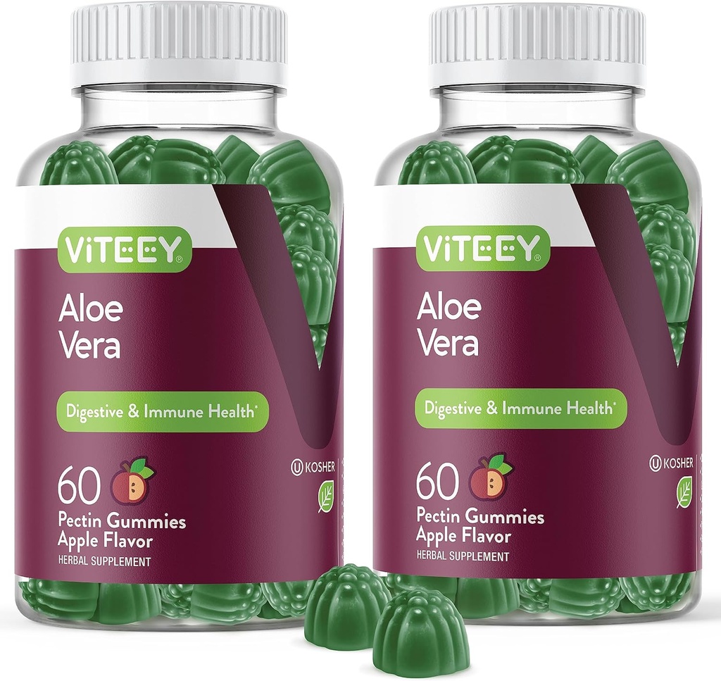 Viteey Aloe Vera Gummies za odrasle - 50mg - Aids in Digestion and Immune Health - Aloe Vera dodatek - Vegan, želatina brezplačno, Gluten brezplačno, GSO brezplačno, Okusna žvečljiva malina okusno Gummy