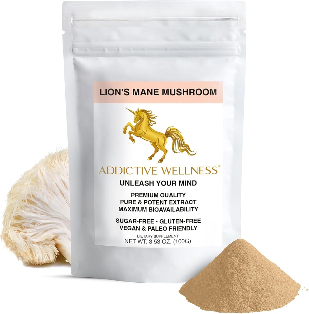 Addictive Wellness Lions Mane Supplement Powder, Premium Quality Lions Mane Mushroom Powder Dual-Extract Nootropic, Sugar Free, Vegan & Paleo Lion's Mane Mushroom Supplement - 1500 mg (100 Grams)