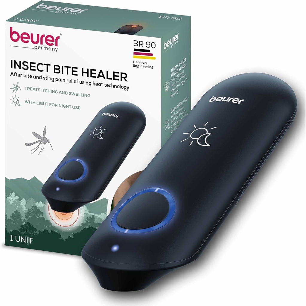Beurer BR90 Insekt Sting in ugriz Relief s svetlobo, Chemical-free Bug Bite Healer za dan in noč, Elektronska topla naprava za After Mosquito Bites za lažje srbenje in otekanje
