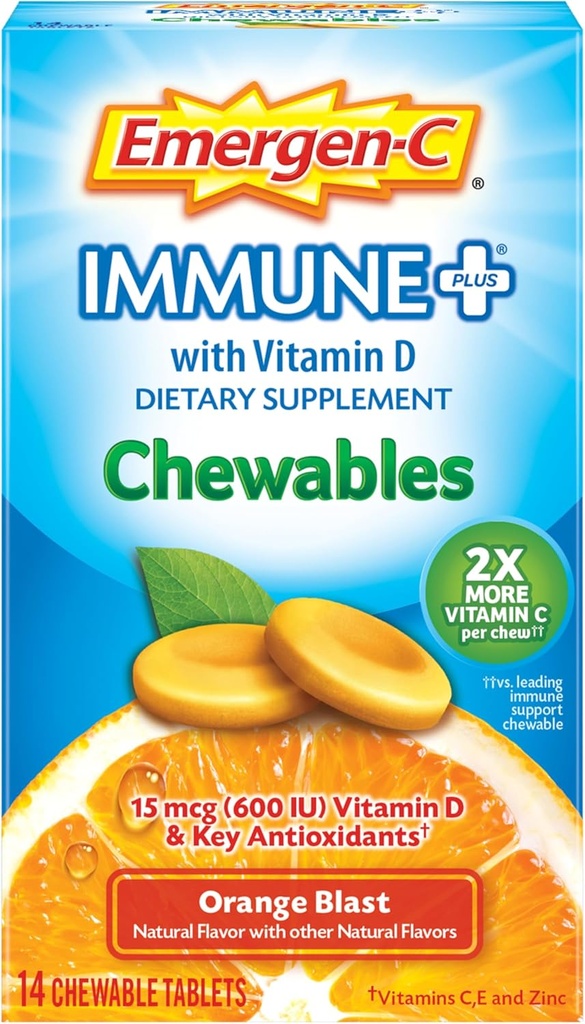 Emergen-C Imune+ Žvečljive pijače 1000mg Vitamin C Tableta z vitaminom D, Imunska podpora Prehranska dopolnila za imuniteto, Oranžna Blast Flavor - 14 Število