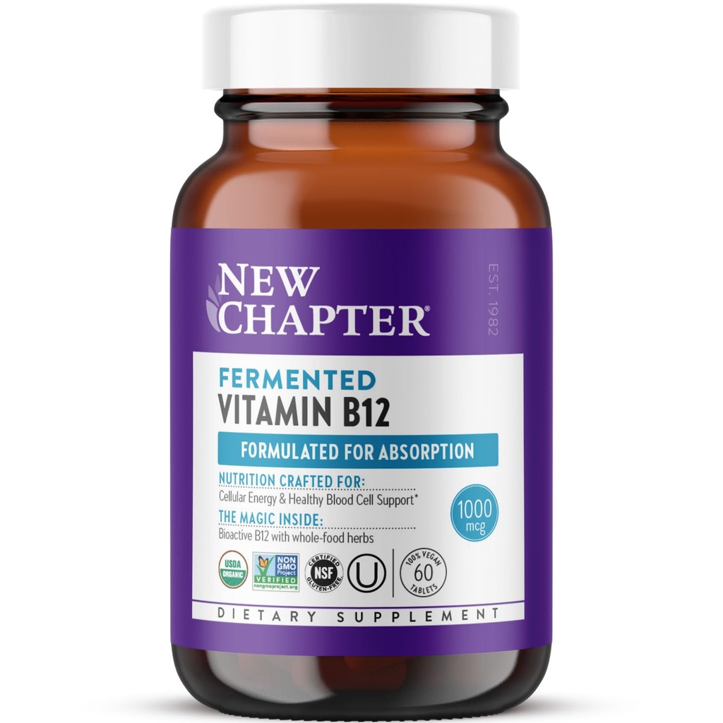 Novo poglavje Fermentirani vitamin B12 1.000 μg, USDA Organic, ONE dnevno za celično energijo + zdrave krvne celice, Certified Vegan, Gluten Free - 60 Count