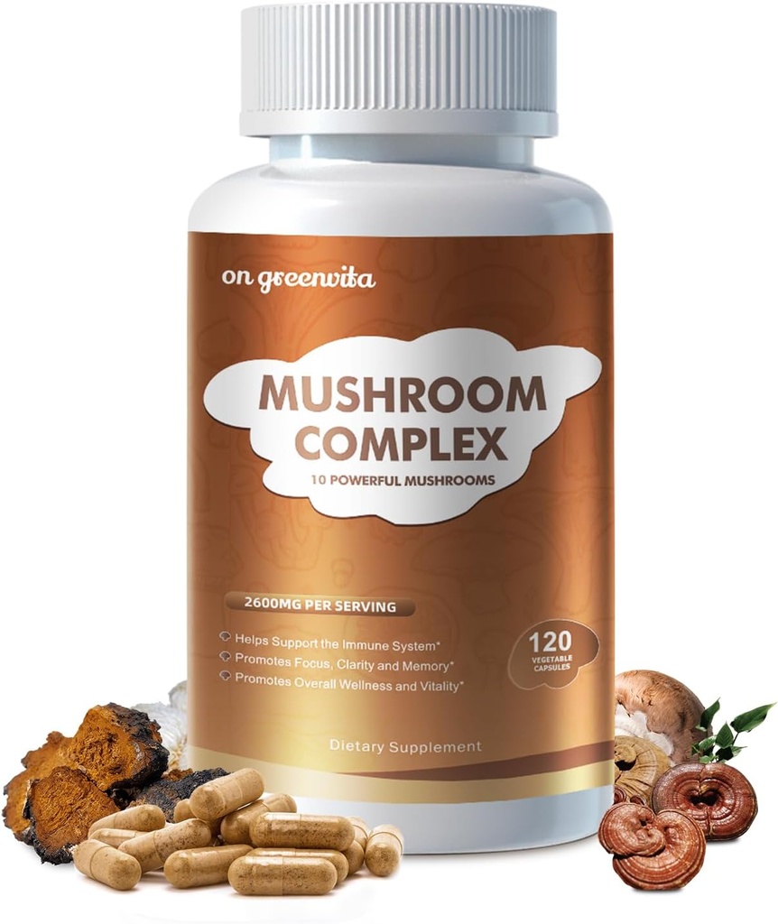 Kompleks gobe Dodatek 2600mg, 120 Kapsule - 10 Gobe Mešanica - Reishi, Levi Mane, Cordyceps, Chaga, Turčija Tail, Maitake, Shiitake, Oyster Nootropic Complex - Možgani, Energija, Fokus tablete